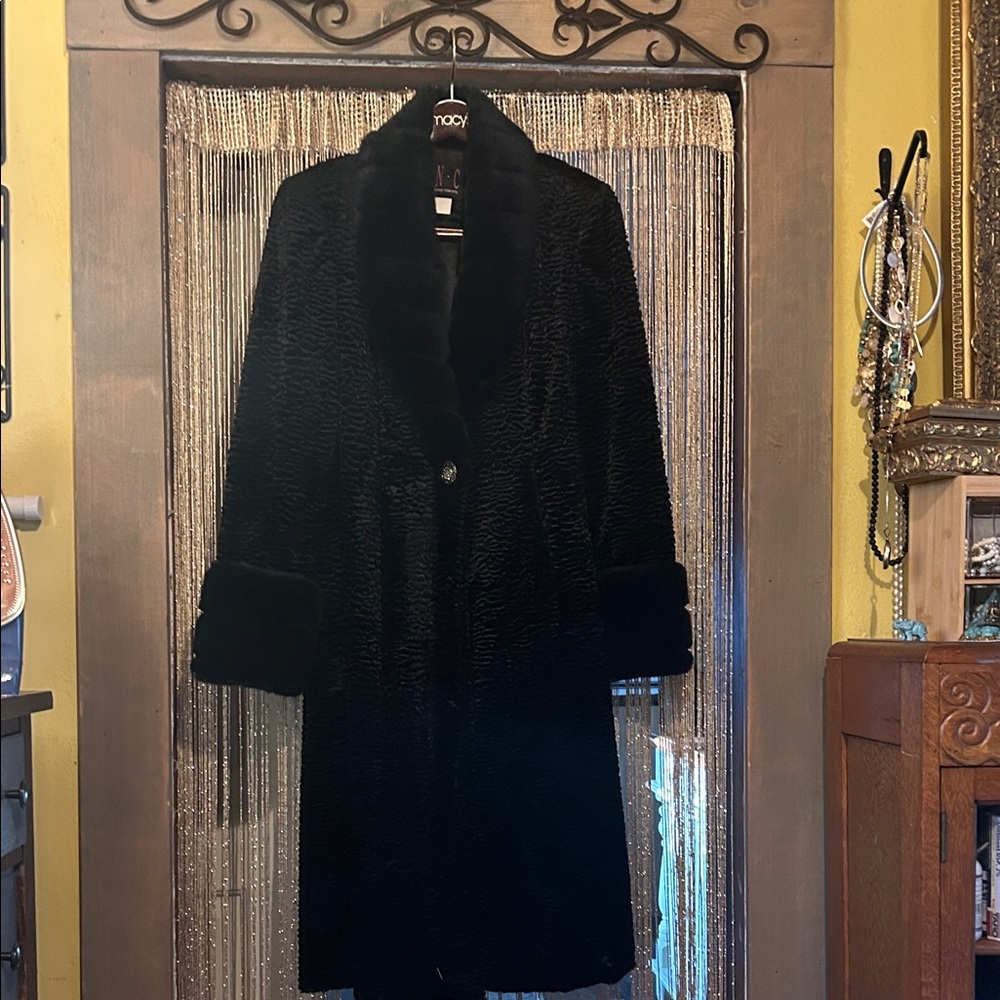 INC International Concepts Black textured velvet. Satin lined coat.